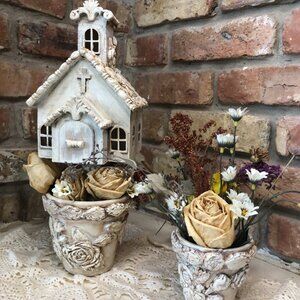 Hand-painted Rustic Antique Church Wood Roses and Terra Cotta Pot Farmhouse